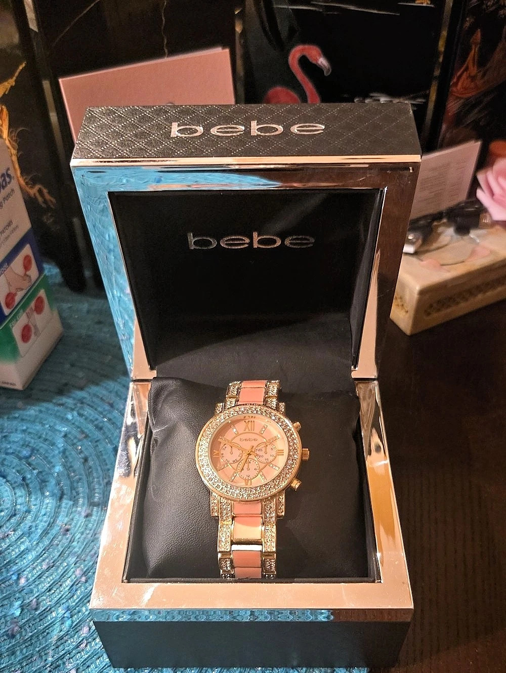bebe Rhinestone Pink & Gold Watch